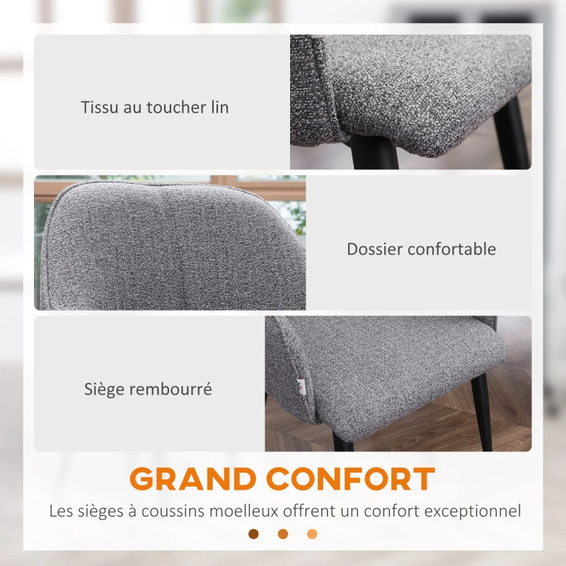 HOMCOM Lot de 2 chaises de salle à manger en tissu et piètement acier - assise enveloppante 55 x 58 x 79 cm gris foncé