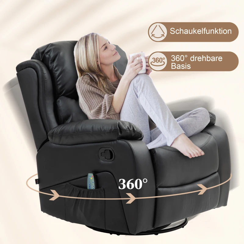 HOMCOM Massagesessel, Wärme- & Liegefunktion, Kunstleder, bis 150kg, 97x92x104cm, Schwarz(m-6)