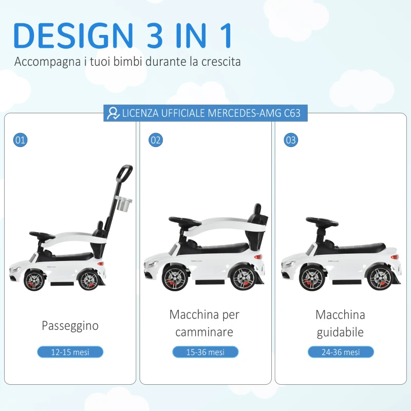 HOMCOM Macchina Cavalcabile per Bambini 12-36 Mesi con Maniglione e Barre di Sicurezza Rimovibili, Licenza Mercedes, Bianca