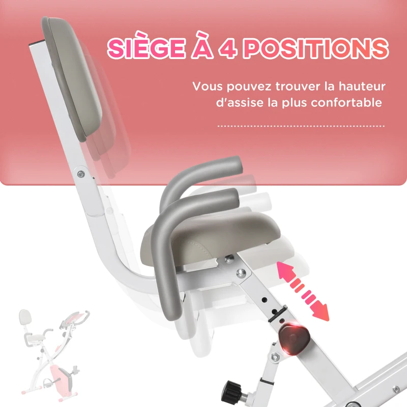 HOMCOM Vélo d'appartement pliable, vélo d'exercice, home traîner pour adultes, 8 niveaux de résistance magnétique, capteurs pouls main, écran LCD multifonction, selle réglable, acier, rose, blanc