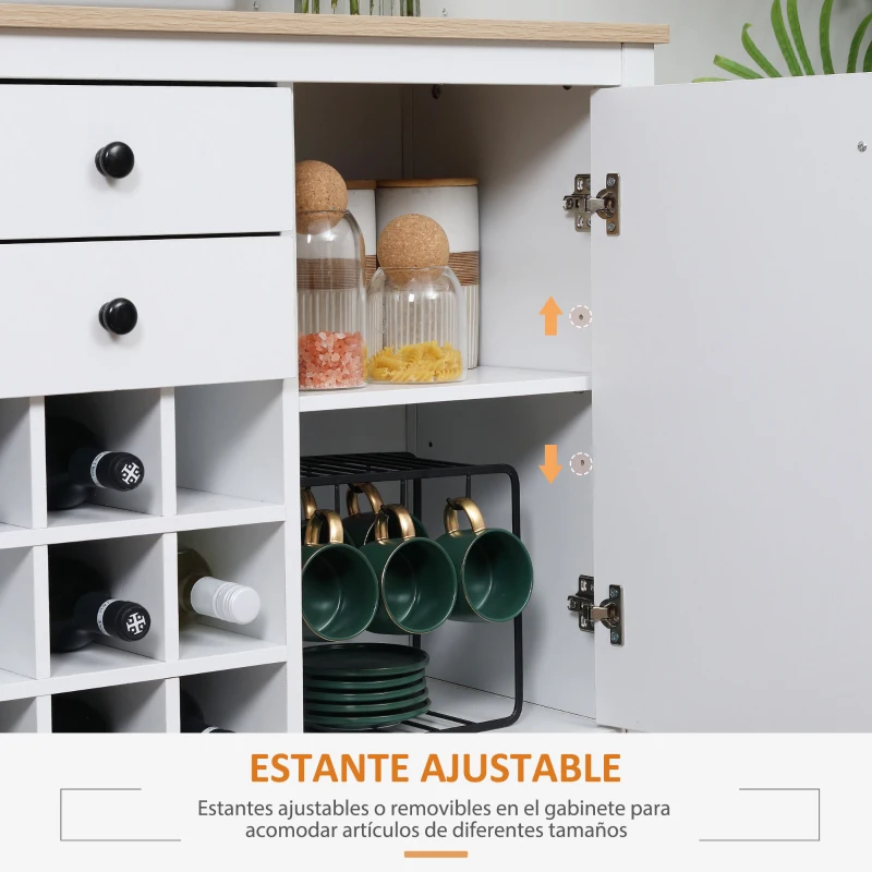 HOMCOM Aparador de Cocina Moderno con Cajones y Botellero Mueble Auxiliar para Comedor Salón 110x35x75 cm Blanco