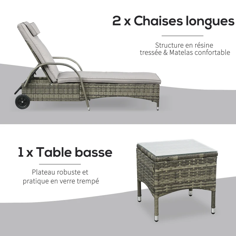 Outsunny Lot de 2 transats bains de soleil grand confort : matelas, têtière, inclinaison réglable multipositions, accoudoirs, roulettes + table basse verre trempé résine tressée grise