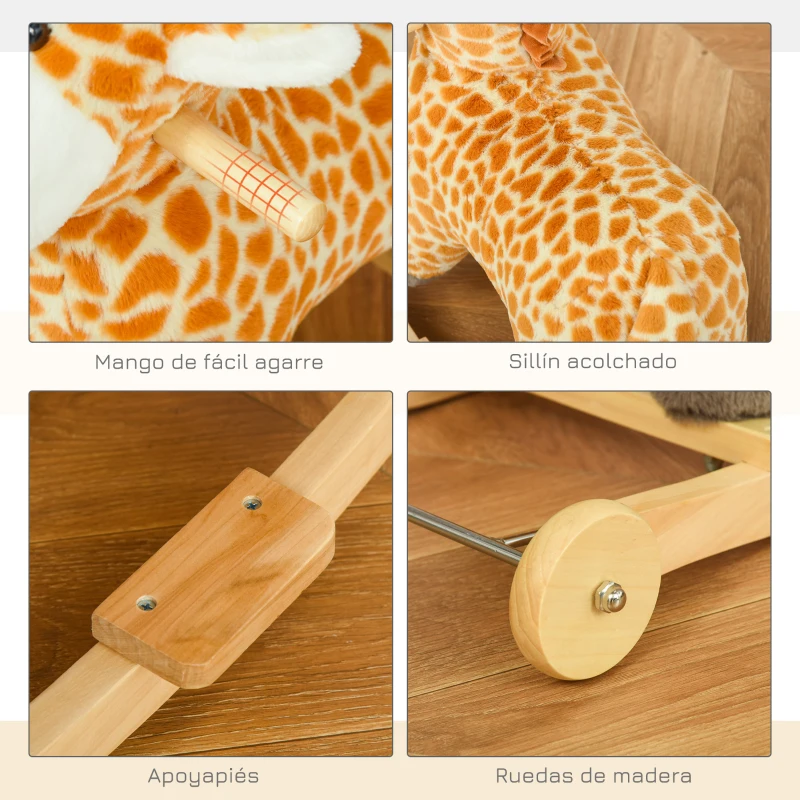 HOMCOM Caballito Balancín Infantil 2 en 1 en Forma de Jirafa para Niños de +3 Años con Ruedas y Altura del asiento 35 cm Balancín de Felpa con Sonido de Jirafa Carga 45 kg 63x38x63 cm Multicolor