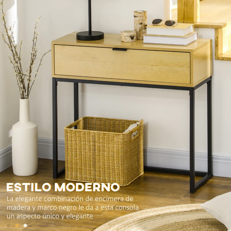 HOMCOM Mesa Consola con Cajón Consola Auxiliar Moderna Mesa de Entrada con Patas de Acero para Pasillo Salón 80x30x76cm Natural