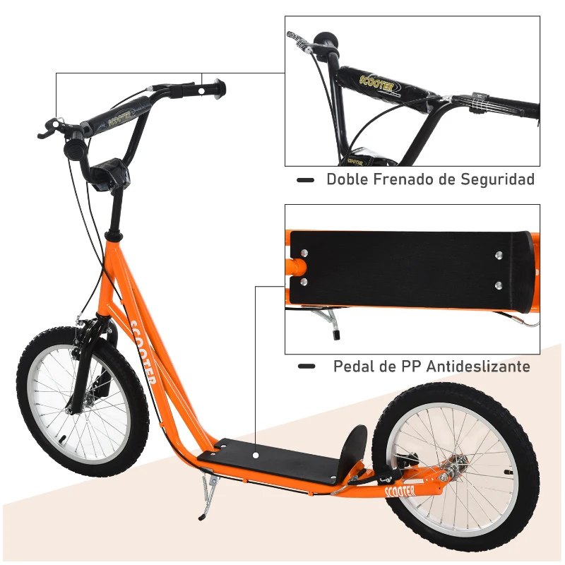 HOMCOM Scooter Patinete para Niños +5 Años y Adolescentes con Manillar Ajustable en Altura 2 Neumáticos de Caucho Inflable con Doble Freno y Ruedas 16" Carga 100 kg 139x58x90-96 cm Naranja