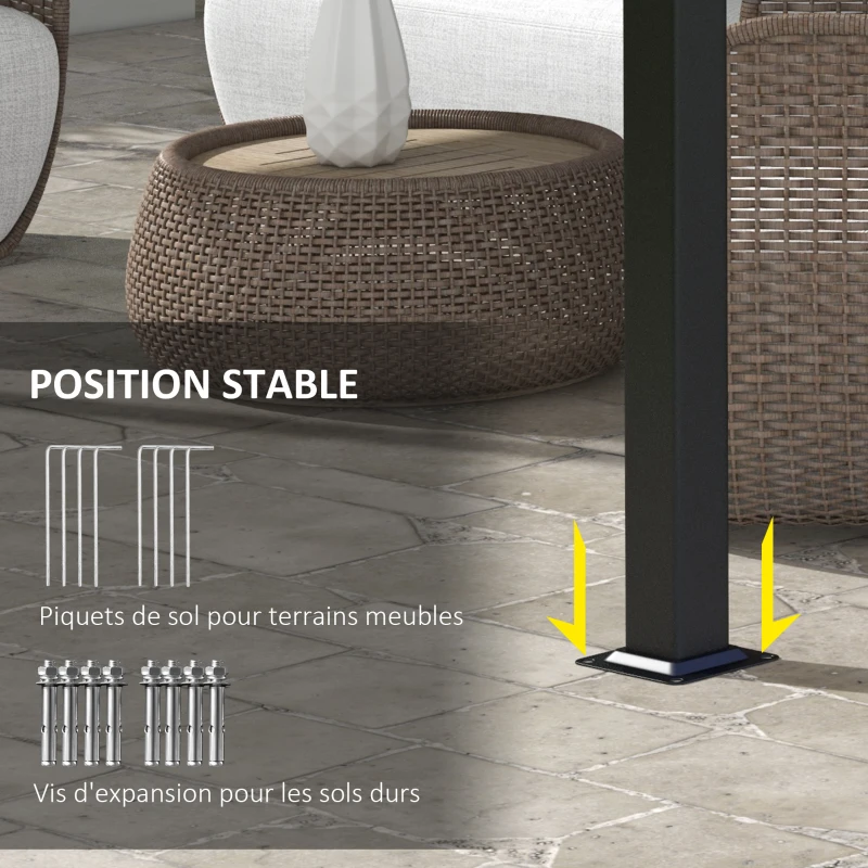 Outsunny Pergola avec 3 toiles coulissantes 3,5L x 3l x 2,35H m structure métal époxy anticorrosion noir toile polyester gris