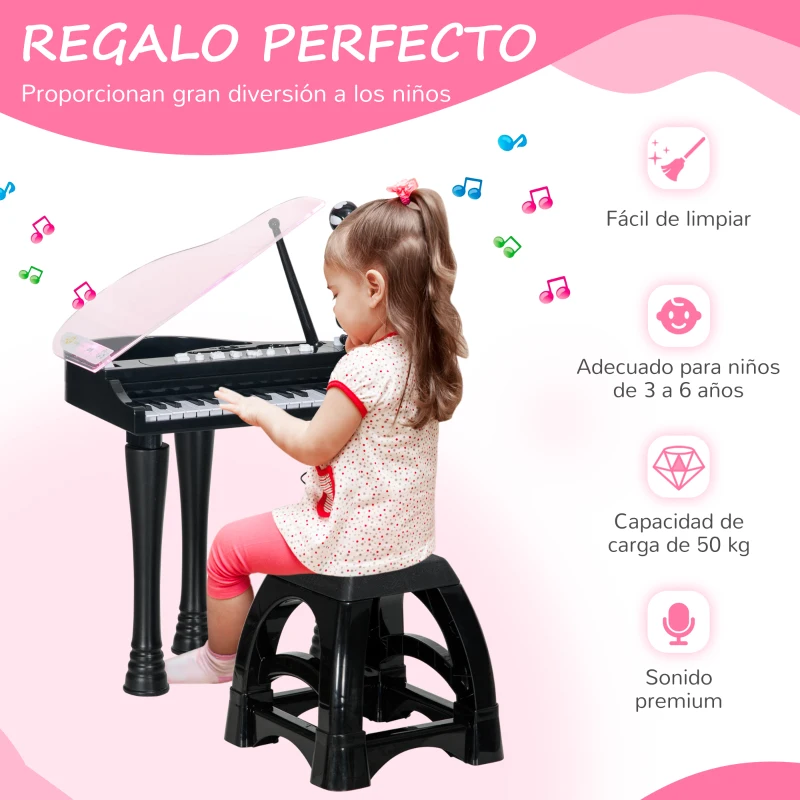 AIYAPLAY Juego de Piano Infantil de 32 Teclas con Micrófono Taburete Luces 22 Canciones y 4 Sonidos 37x30,5x60,4 cm Negro