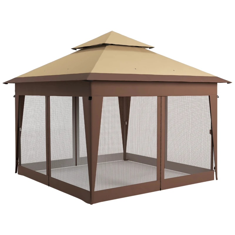 Outsunny 3 x 3(m) Pop Up Gazebo with Mosquito Netting, 1 Person Easy up Marquee Party Tent with 1-Button Push, Double Roof, Carry Bag, Sandbags, Height Adjustable Instant Shelter, Khaki