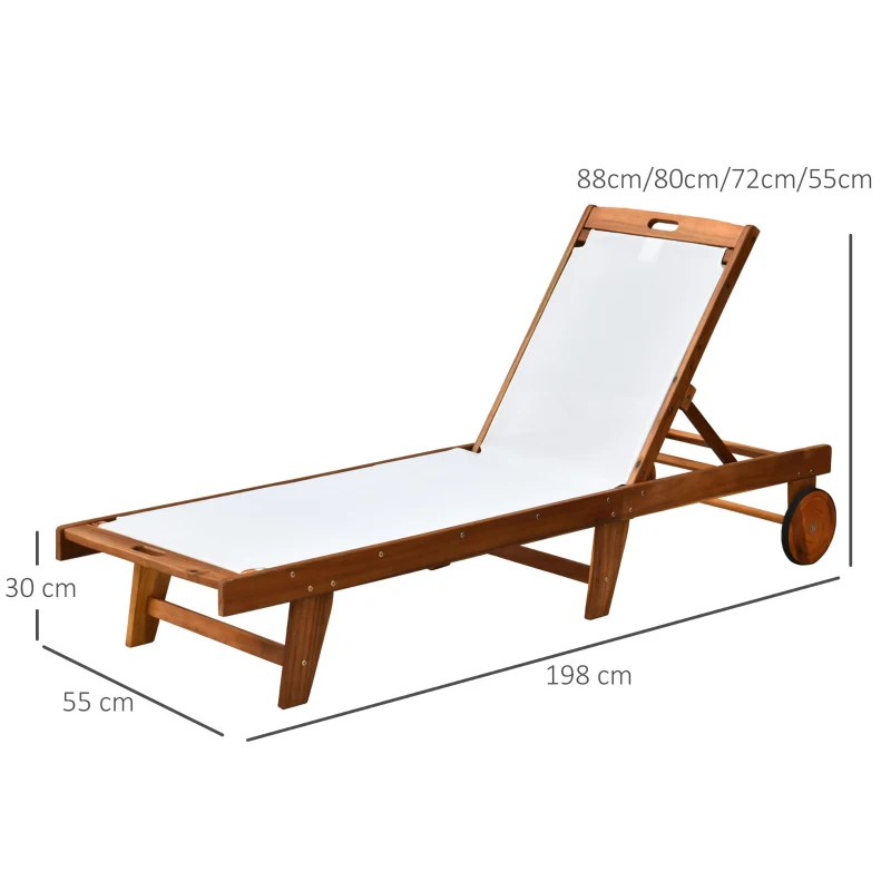 Outsunny Sonnenliege Relaxliege Gartenliege Gartenmöbel verstellbar Akazienholz Textil Natur+Weiß 198 x 60 x 55-88 cm