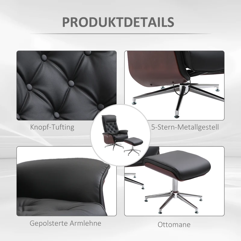 HOMCOM Relaxsessel mit Hocker Fernsehsessel Polstersessel 360° drehbar 145° neigbar mit Retro-Design Chesterfield PU-Bezug Holzverkleidung Metallfuß Schwarz 82 x 83 x 110 cm