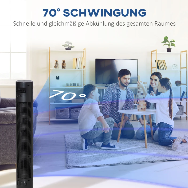 HOMCOM Turmventilator leise mit Fernbedienung 117 cm 70° Oszillierende Ventilator Standventilator mit 4 Modi, 3 Geschwindigkeiten, 12 Std.-Timer, LED-Anzeige, Schwarz