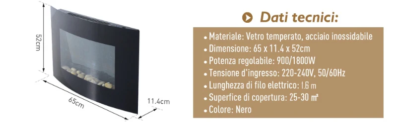 HOMCOM Caminetto Elettrico da Parete con Effetto Fiamma Colorato con Telecomando, in Acciaio Inox e Vetro 65x11.4x52 cm, Nero