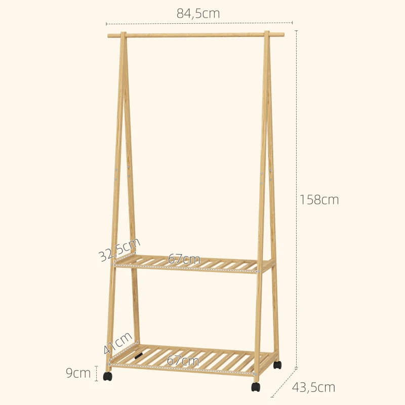 HOMCOM Perchero Burro para Ropa de Bambú con Ruedas 2 Estantes Abiertos y 2 Ganchos 84,5x43,5x158 cm Natural