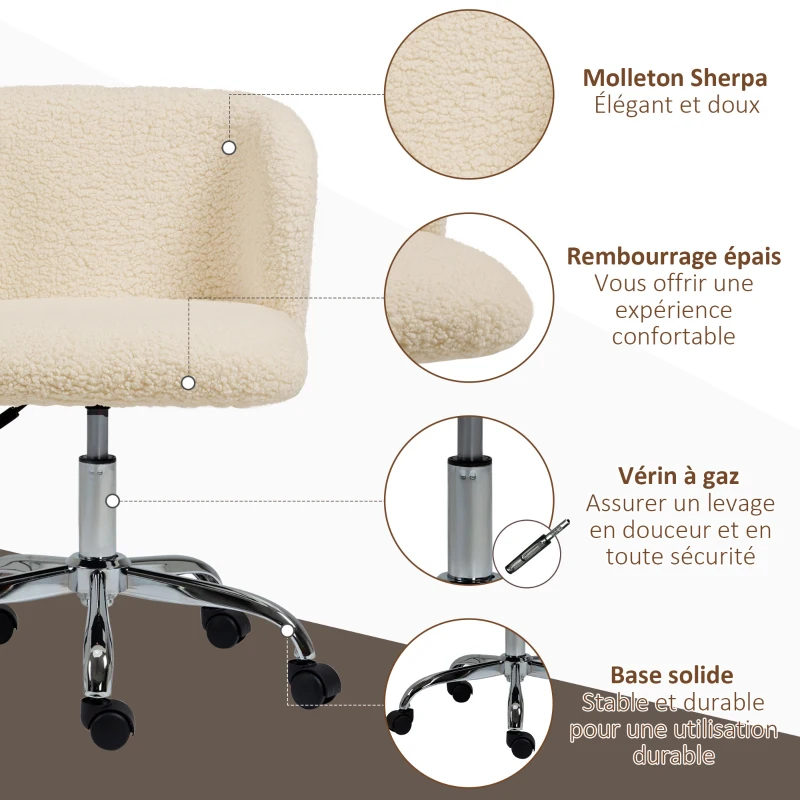 Vinsetto Chaise de bureau sans accoudoir en toison d'agneau hauteur réglable pivotant à 360 ° charge max. 120 Kg Kaki