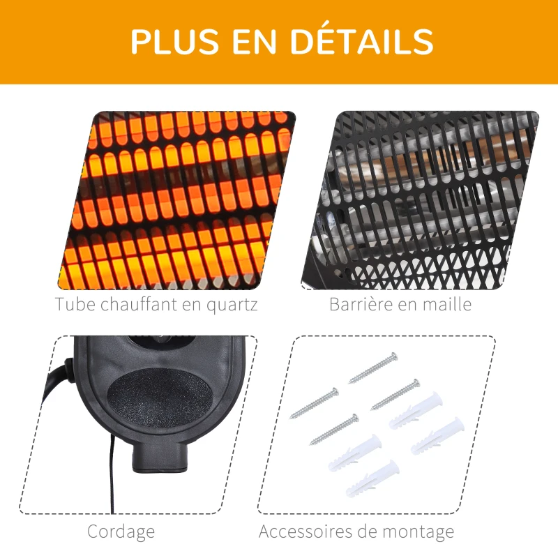 Outsunny chauffage extérieur radiant infrarouge électrique mural chauffage d'appoint sans CO₂ 3 modes 650/1300/2000 W certifié IP34 capacité 25 m² réflecteur acier inox. noir