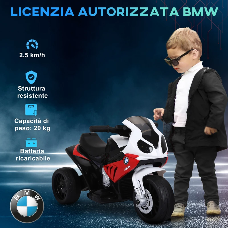 HOMCOM Moto Elettrica per Bambini Max. 20kg con Licenza BMW, Macchina Elettrica con 3 Ruote, Batteria Ricaricabile 6V, Bianco Rosso, 66x37x44cm
