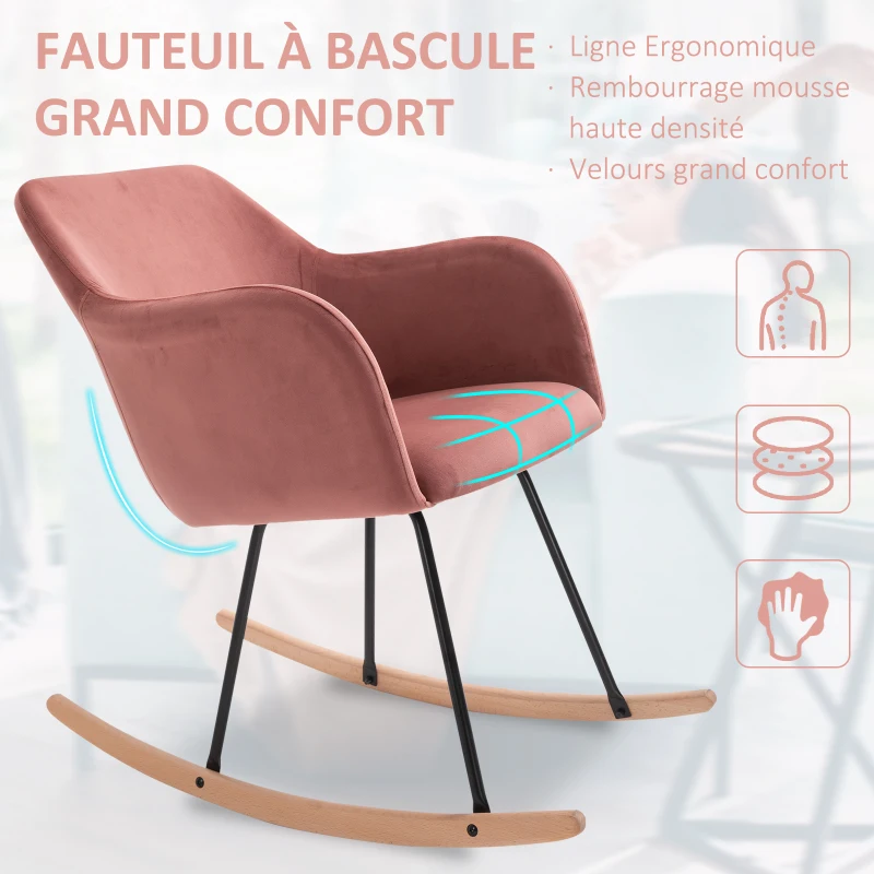 HOMCOM Fauteuil à bascule grand confort accoudoirs assise dossier garnissage mousse haute densité velours rose poudré