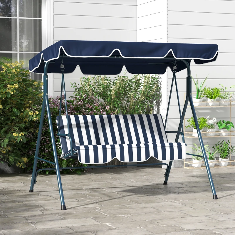 Outsunny Dondolo da Giardino 3 Posti con Tetto Parasole, in Acciaio e Poliestere, 172x110x153 cm, Bianco e Blu