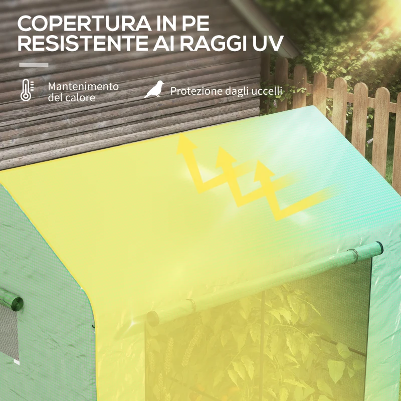 Outsunny Serra a Casetta a 2 Sezioni con Porta e Finestre Avvolgibili, in Acciaio e PE, 200x140x200 cm, Verde