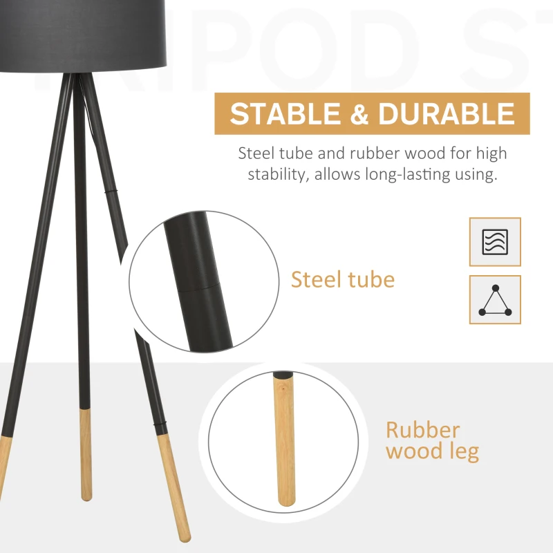 HOMCOM 153cm Steel Tripod Floor Lamp w/ Fabric Lampshade Foot Switch, Land Lamp Office Bedroom Modern Grey