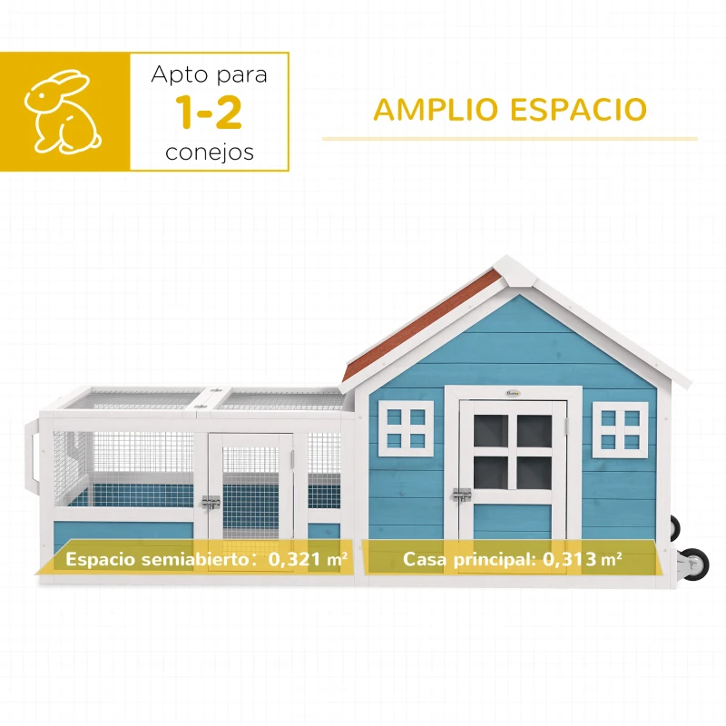 PawHut Jaula para Conejo Grande con 2 Ventanas de Decoración Ruedas 1 Puerta 1 Rampa y Techo de Asfalto 162,5x59,2x77,6 cm Azul