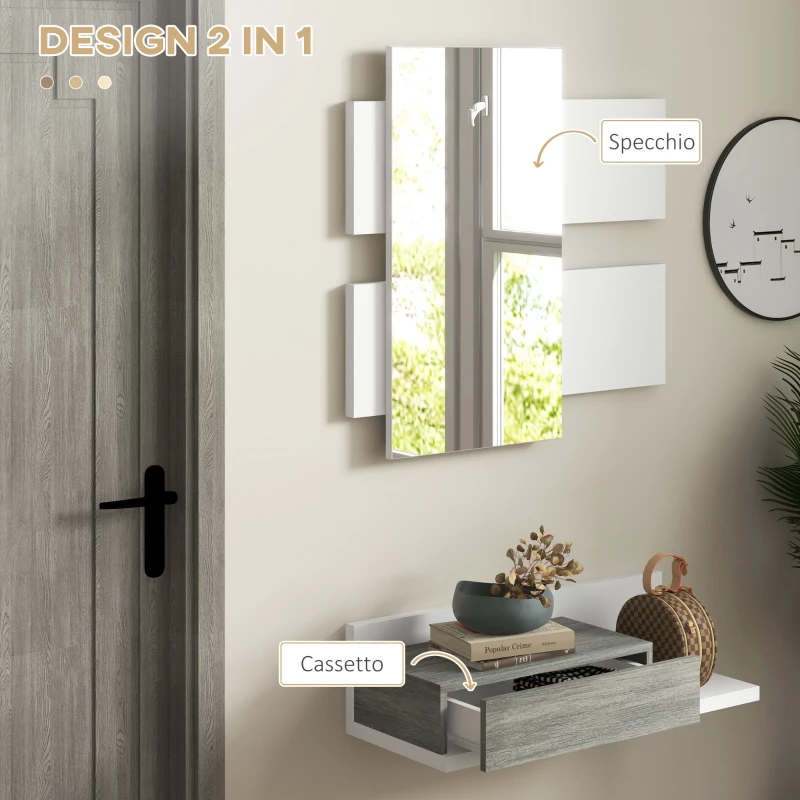 HOMCOM Mobile da Ingresso 2 in 1 con Specchio da Parete 75x3.5x75 cm e Cassetto 75x30.5x20 cm, Grigio e Bianco