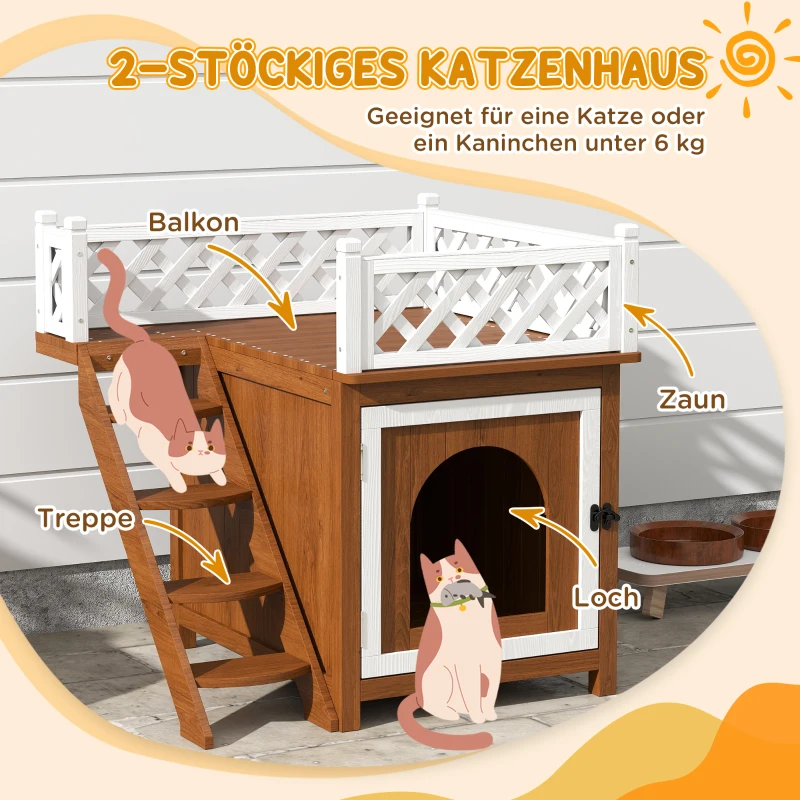 PawHut Katzenhaus, zweistöckig, mit Balkon und Treppe, für drinnen und draußen, für Katzen und Kaninchen, Tannenholz, Braun