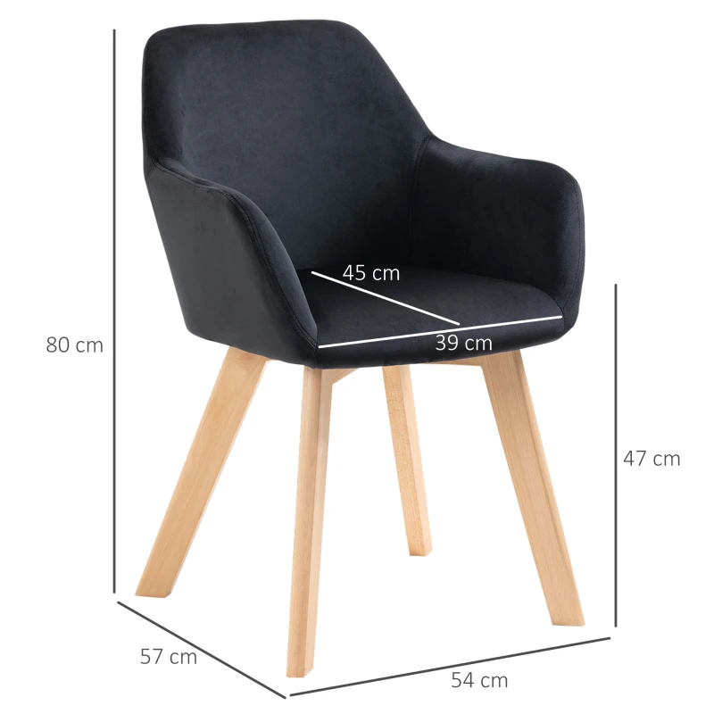 HOMCOM Juego de 2 Sillas de Comedor Modernas Tapizadas en Terciopelo con Patas de Madera para Salón 54x57x80 cm Negro