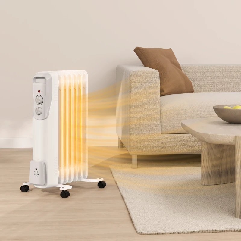 HOMCOM Radiador de Aceite Silencioso 1500W con Ruedas Temperatura Ajustable Protección contra Sobrecalentamiento Blanco