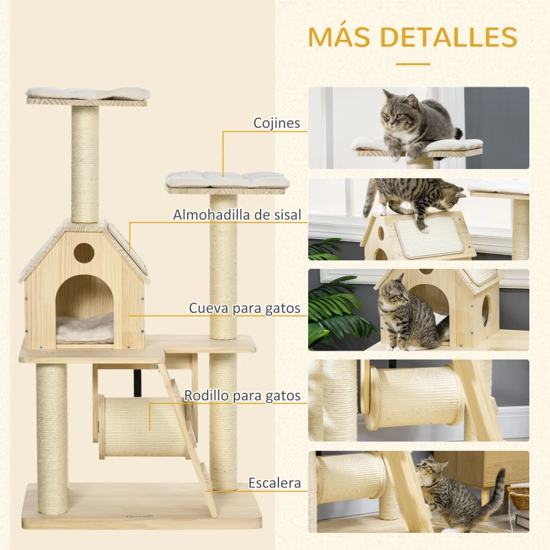 PawHut Árbol Rascador para Gatos Torre para Gatos con Camas Cueva Rodillo Postes de Sisal y Rampa 70x50x125 cm Natural