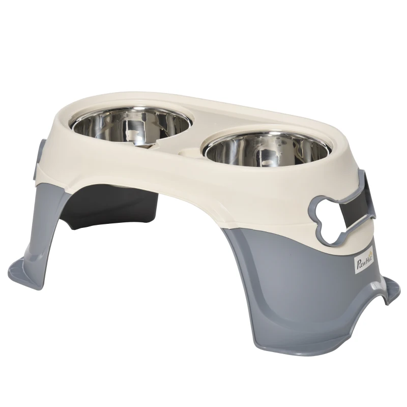 PawHut Doppia Ciotola per Cani Rialzata in Acciaio Inox e Plastica con Piedini Antiscivolo, 47x25x20cm, Bianco e Grigio