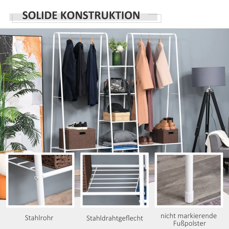 HOMCOM Kleiderständer mit Schuhablage Freistehender Kleiderstange Garderobenständer Stahl Weiß 176 x 47 x 177 cm