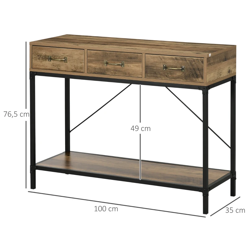 HOMCOM Table console table d'appoint d'entrée industriel 3 tiroirs 1 plateau aspect bois 100 x 35 x 76,5 cm marron clair noir