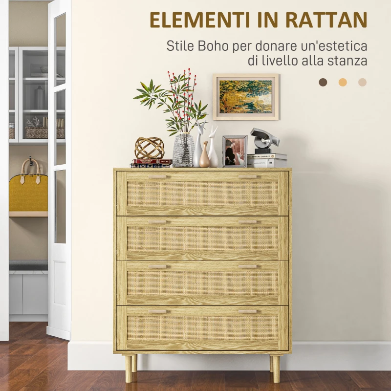 HOMCOM Mobile Cassettiera 4 Cassetti Stile Boho in Legno e Rattan, 90x45x108.5cm, Rovere