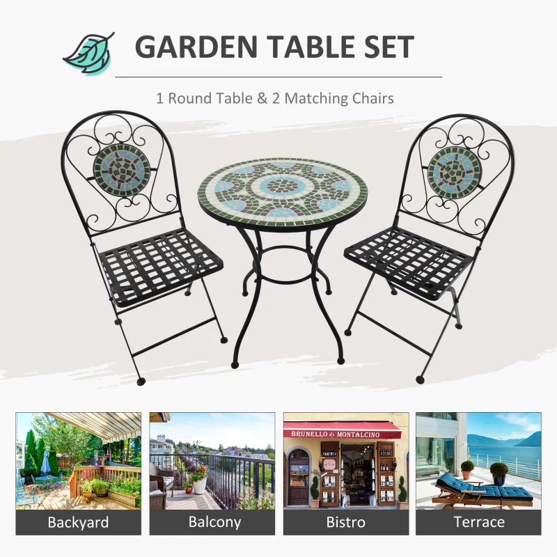 Outsunny 3PCs Bistro Set, Outdoor Metal Frame Mosaic Decoration Garden Table and Chair Set, Patio Folding Chairs Furniture Set