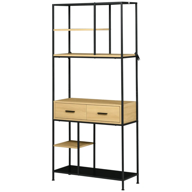 HOMCOM Estantería Estilo Industrial de 5 Niveles Mueble Estantes Almacenaje con 2 Cajones y Marco de Metal 80x30x170,5 cm Roble