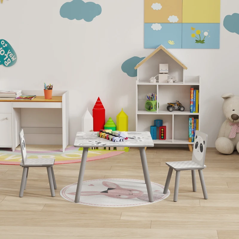 ZONEKIZ Set de Mesa y 2 Sillas Conjunto de Muebles Infantiles de 3 Piezas para Niños de +3 Años con Cenefa y Panda Gris y Blanco