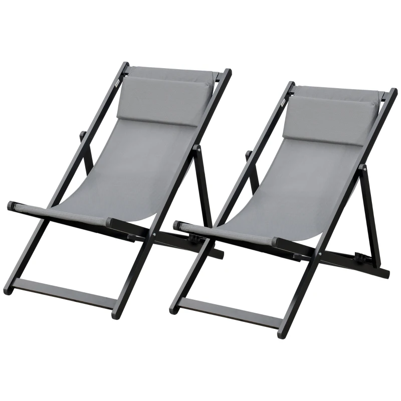 Outsunny Set of 2 Folding Garden Beach Aluminium Frame Deck Chairs Deckchairs Seaside Folding Garden Patio Lounger, Grey