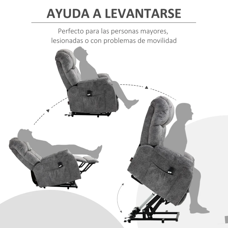 HOMCOM Sillón Levanta Personas Tapizado en Terciopelo con Reclinación 135° Mando a Distancia y 2 Bolsillos 91x83x100 cm Gris