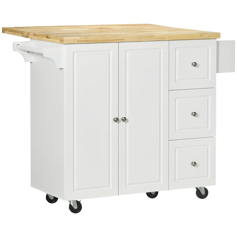 HOMCOM Drop-Leaf Kitchen Island on Wheels with Extendable Rubber Wood Worktop, Rolling Kitchen Storage Trolley, Utility Storage Cart with Drawers & Cabinet for Kitchen, Dining & Living Room, White