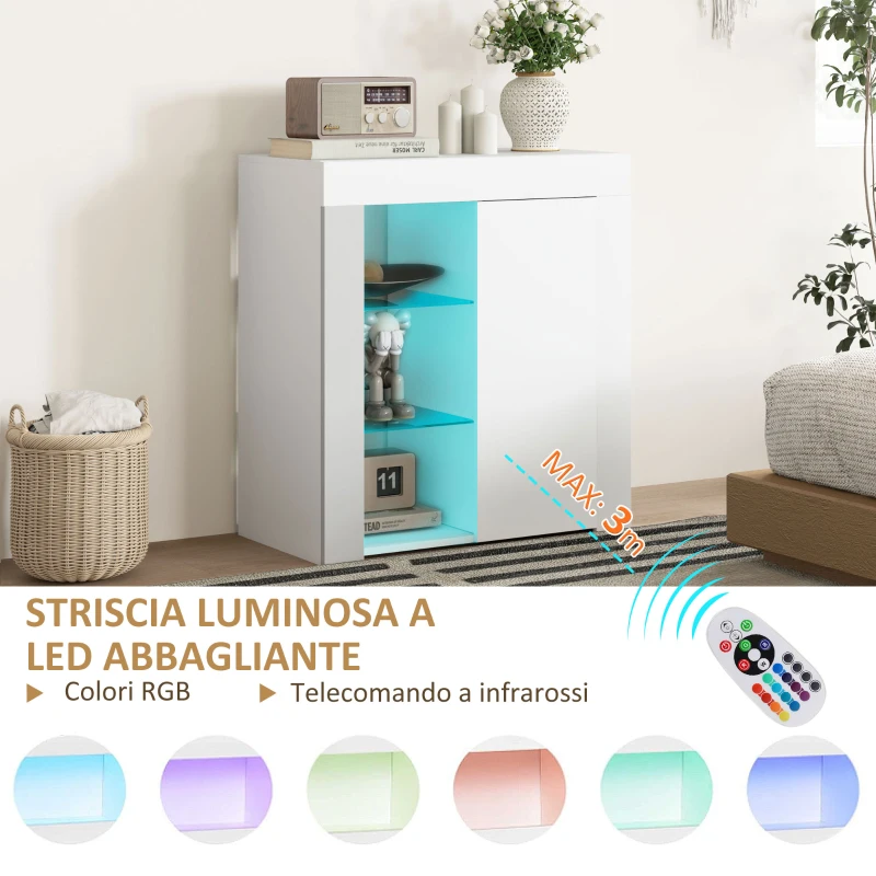 HOMCOM Mobile Contenitore a LED con 3 Ripiani Aperti e Armadietto a 2 Livelli, in Legno e Vetro, 75x40.1x83 cm, Bianco