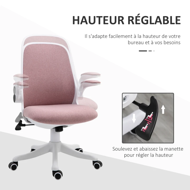 Vinsetto Chaise de bureau tissu lin hauteur réglable pivotante 360° accoudoirs relevables support lombaires réglable rose