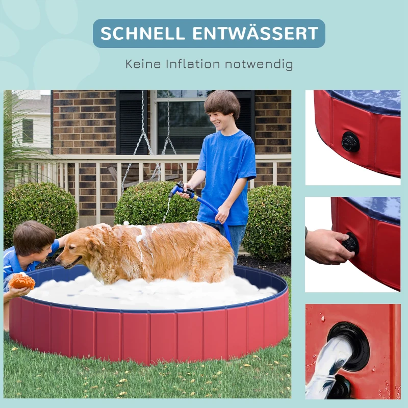 PawHut Hundebadewanne faltbar Badewanne Hundepool Plantschbecken Swimmingpool Wasserbecken für Hunde und Katzen Schwimmbecken Kunststoff+Holz Rot Ø160 x 30H cm