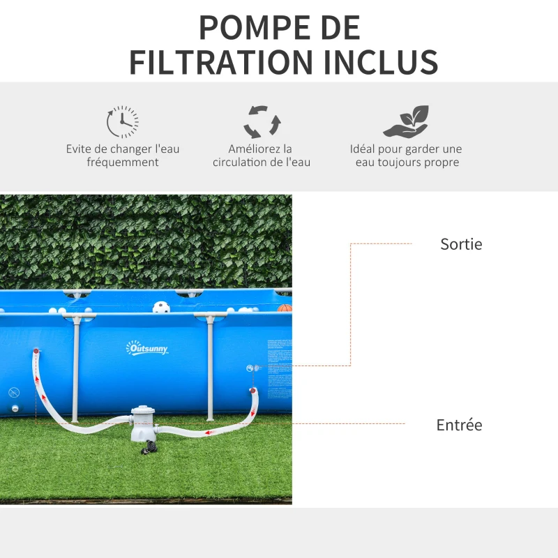 Outsunny Piscine Tubulaire Hors Sol rectangulaire Cadre en métal avec Filtre 252L x 152l x 65H cm Bleu