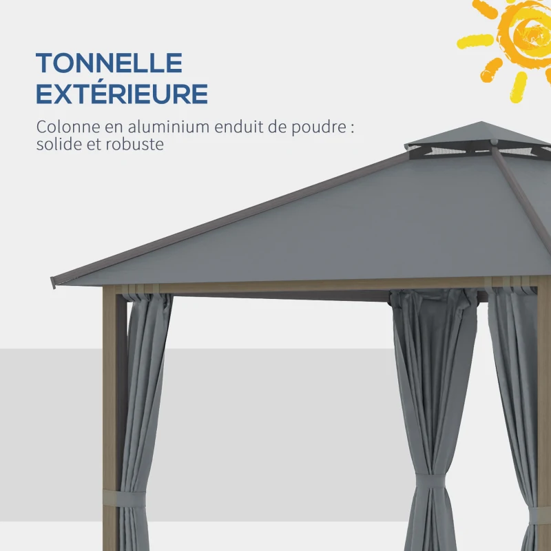 Outsunny Tonnelle de jardin pour terrasse avec 4 parois latérales double toit protection solaire 3 x 3 m gris