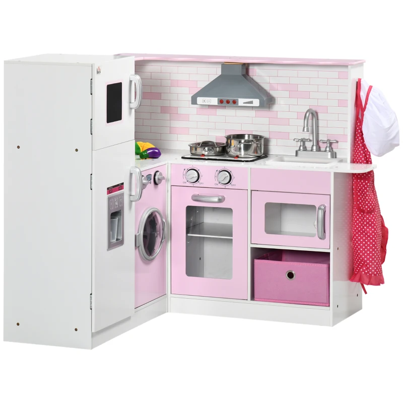 HOMCOM Cuisine d'angle pour enfants avec accessoires, sons et lumières - en MDF - rose et blanche