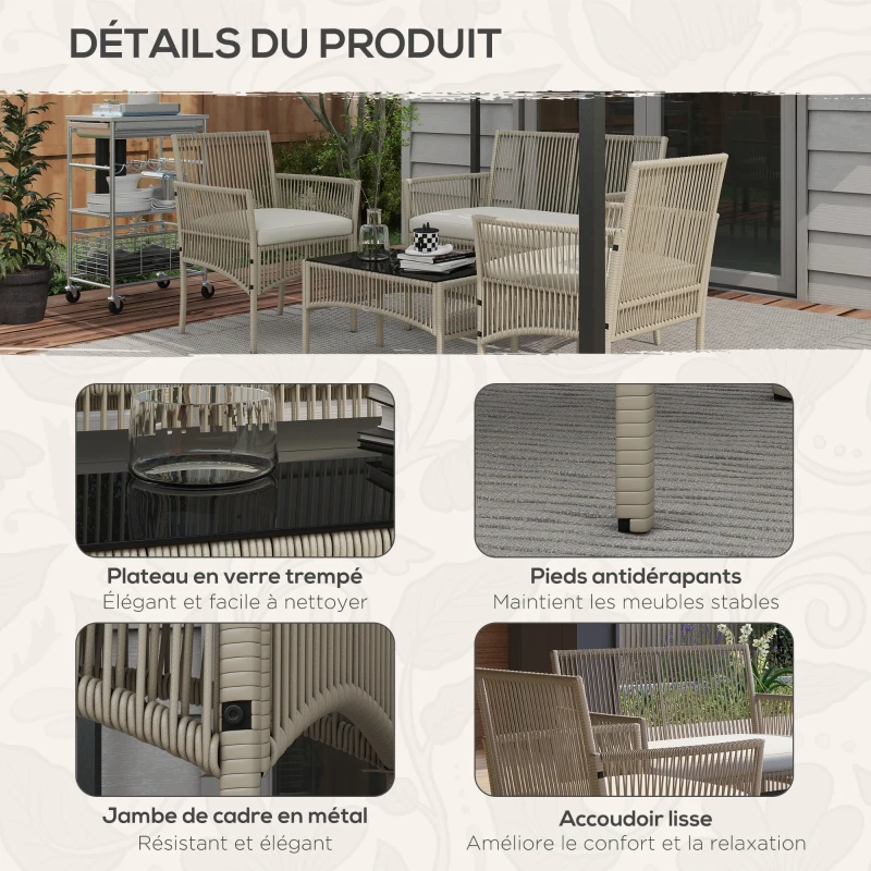 Outsunny Ensemble salon de jardin 4 pièces canapé 2 places 2 fauteuils 1 table basse plateau verre trempé