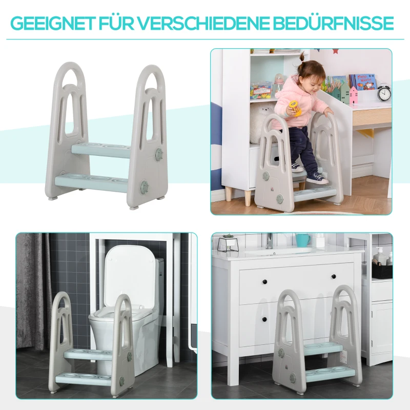 HOMCOM Lernturm Tritthocker Schemel Stehender mit 2 Stufen Pyramiden-Struktur Sicherheit Bad Schlafzimmer Küche Blau+Grau für 2-5 Jahre HDPE PP 43,5 x 38,5 x 61 cm