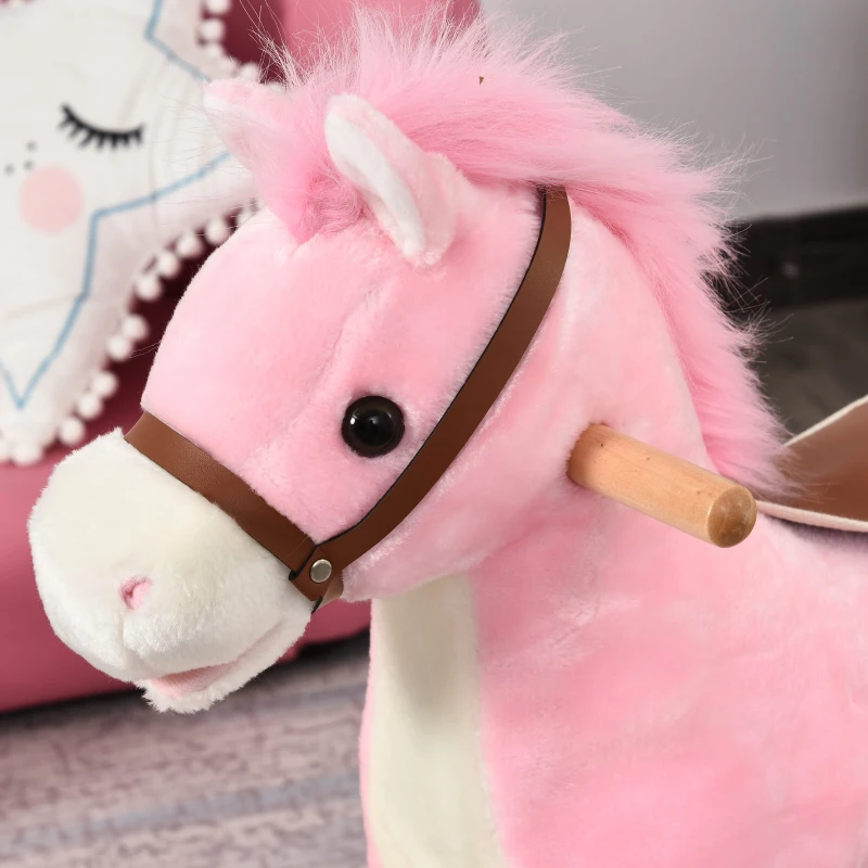 HOMCOM Cheval à Bascule Selle Grand Confort Peluche Courte Douce Bois peuplier Rose dim. 65L x 32,5l x 61H cm(m-7)