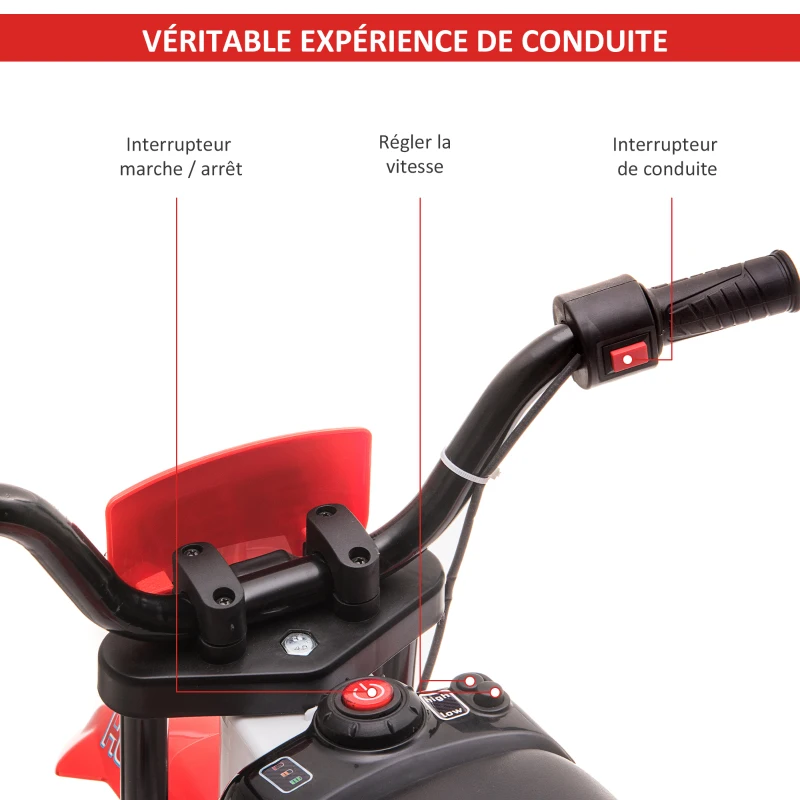 HOMCOM Moto Cross électrique Enfant 3 à 5 Ans 12 V 3-8 Km/h avec roulettes latérales Amovibles dim. 106,5L x 51,5l x 68H cm Rouge(m-4)